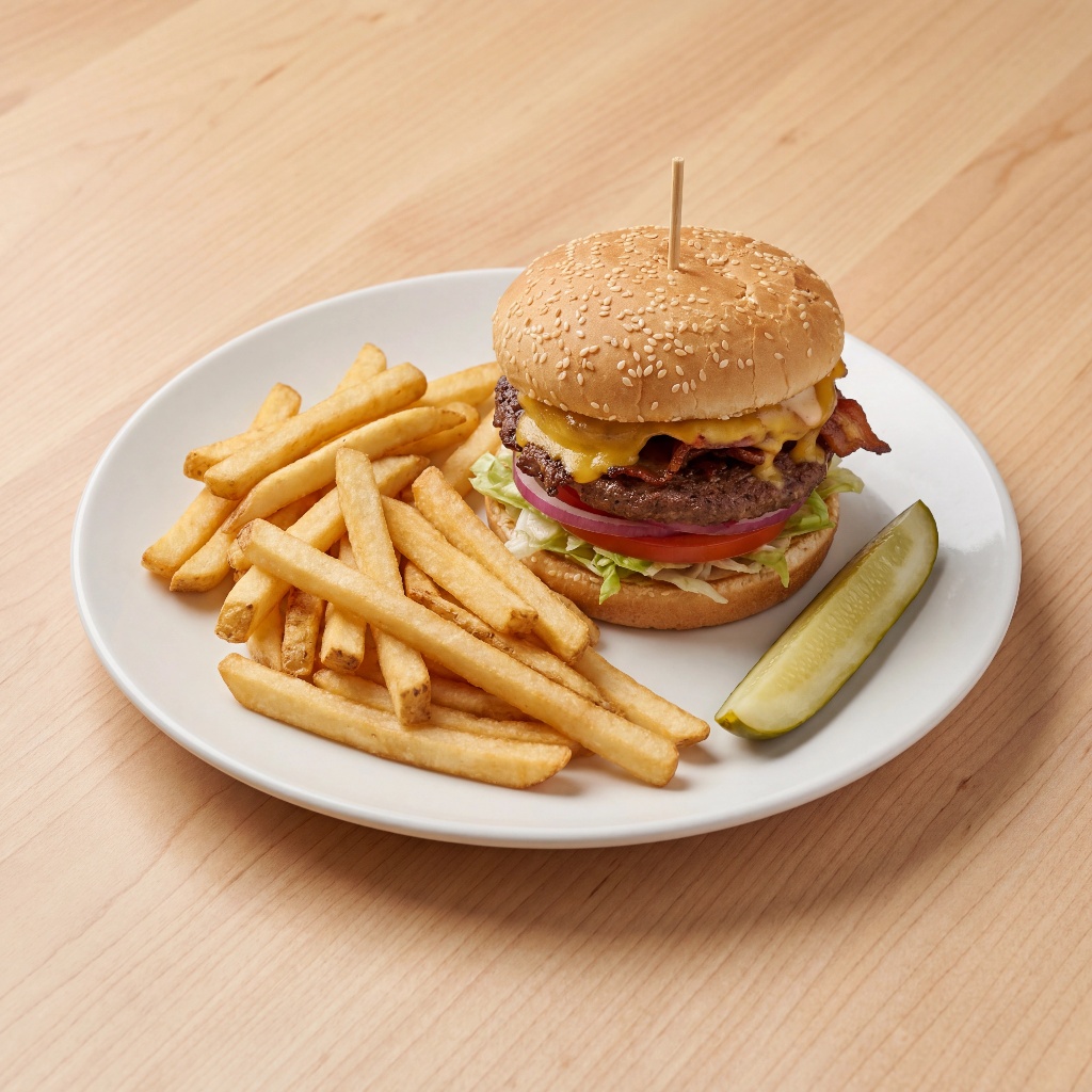 Tommy's bacon cheeseburger with fries