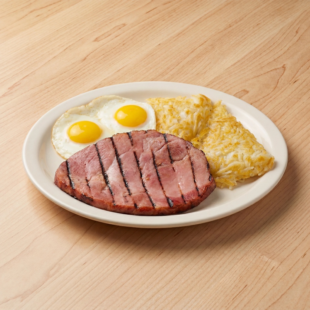 Grilled ham steak with eggs and hash browns