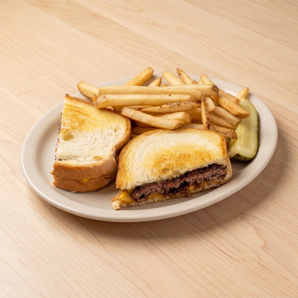 Tommy's patty melt with fries and pickle