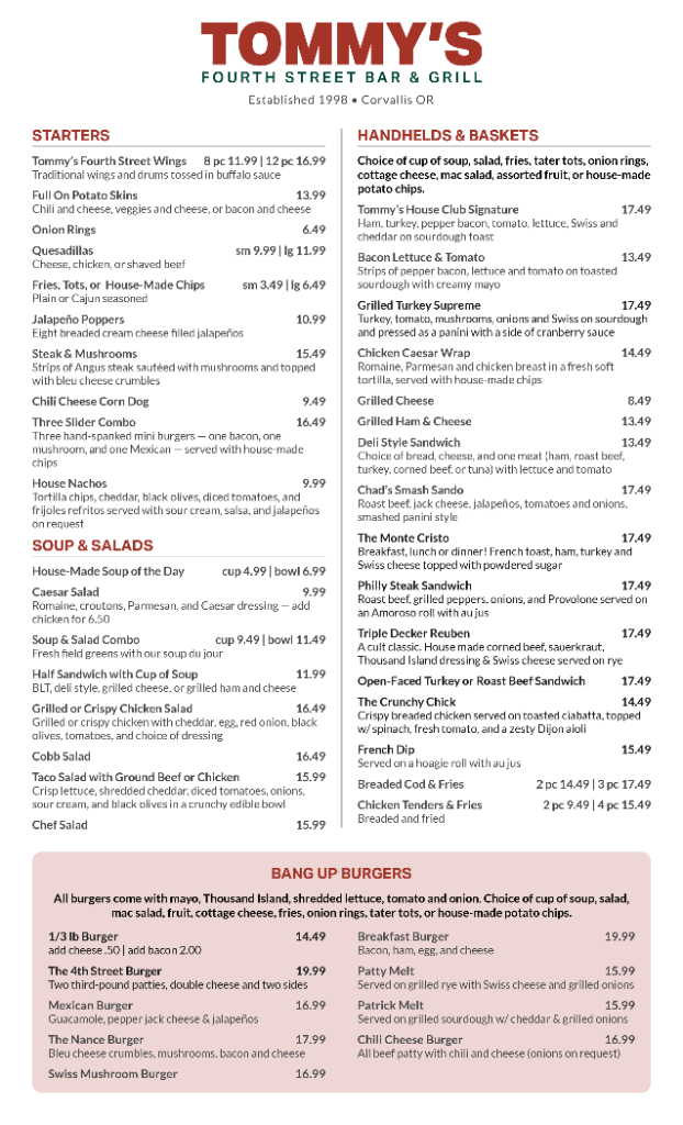 Tommy's lunch and dinner menu — starters, soups and salads, burgers, handhelds and baskets